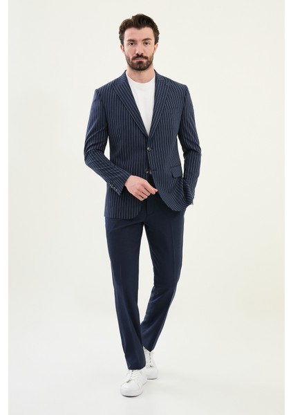 Çizgili Lacivert Slim Fit Geniş Yaka Erkek Ceket modelleri