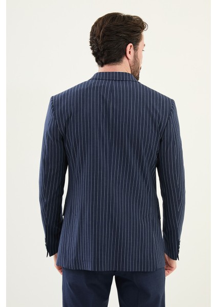 Çizgili Lacivert Slim Fit Geniş Yaka Erkek Ceket indirimleri