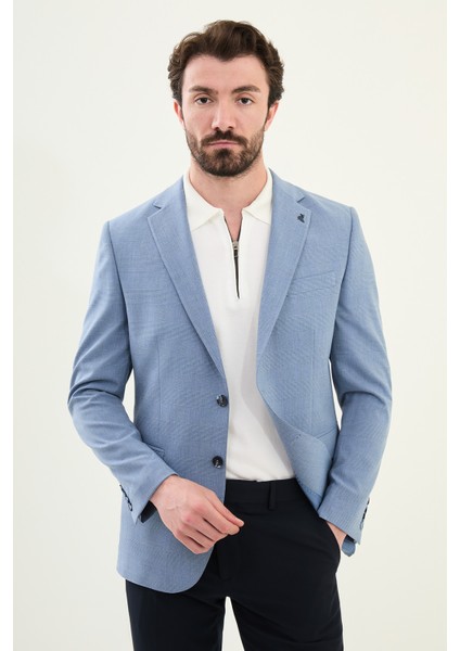 Ekoseli Mavi Slim Fit Mono Yaka Erkek Ceket