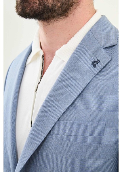 Ekoseli Mavi Slim Fit Mono Yaka Erkek Ceket fiyatları