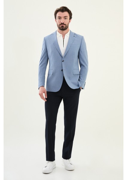 Ekoseli Mavi Slim Fit Mono Yaka Erkek Ceket modelleri