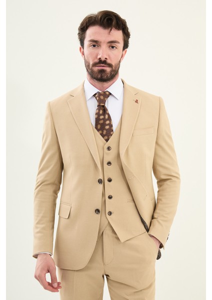 Desenli Bej Slim Fit Mono Yaka Erkek Takım Elbise