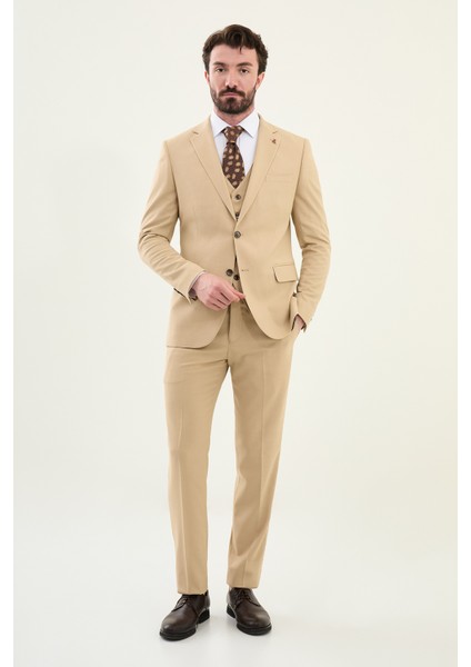 Desenli Bej Slim Fit Mono Yaka Erkek Takım Elbise modelleri