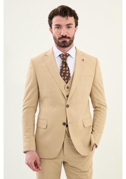 Desenli Bej Slim Fit Mono Yaka Erkek Takım Elbise fırsatları