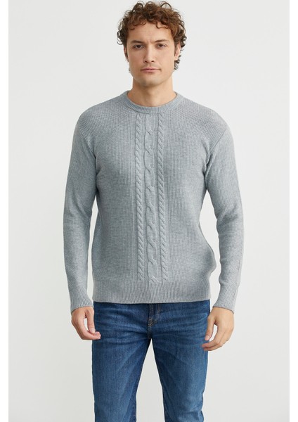 Motif Detaylı Bisiklet Yaka Triko Kazak - Gri