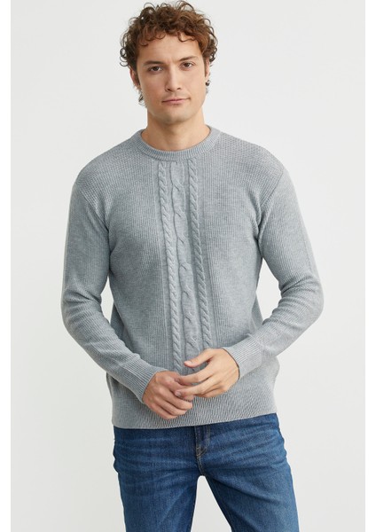 Motif Detaylı Bisiklet Yaka Triko Kazak - Gri fiyatları