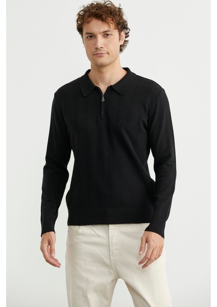 Fermuarlı Polo Yaka Triko Kazak - Siyah