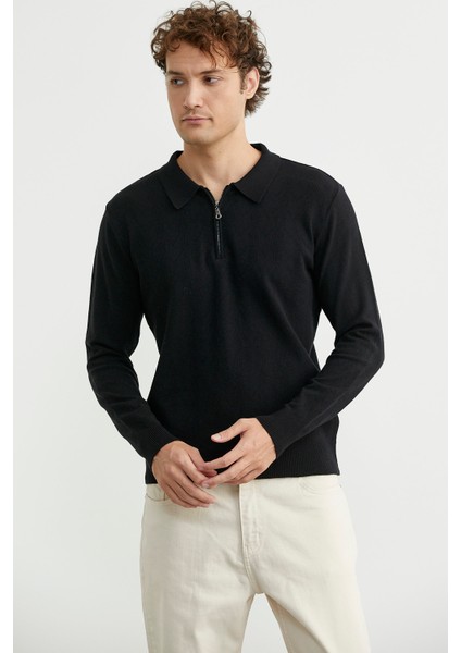 Fermuarlı Polo Yaka Triko Kazak - Siyah fiyatları