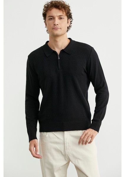 Fermuarlı Polo Yaka Triko Kazak - Siyah modelleri