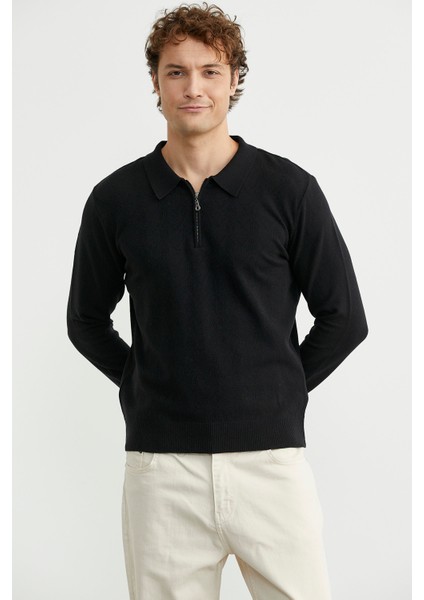 Fermuarlı Polo Yaka Triko Kazak - Siyah fırsatları