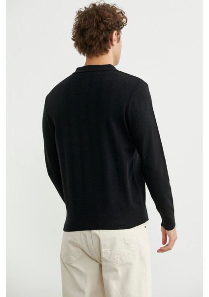 Fermuarlı Polo Yaka Triko Kazak - Siyah indirimleri