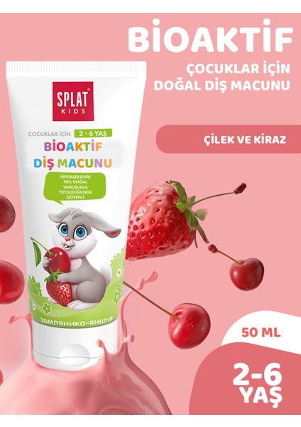 Kids Çocuk Diş Macunu 50 ml – Çilek ve Vişne Aromalı, 2-6 Yaş, Florürsüz Doğal Formül, Aloe Vera ve Üzüm Çekirdeği Ekstralı, Hassas Diş Etleri İçin