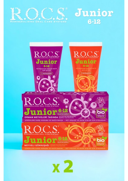 Junior 6-12 Yaş Çocuk Diş Macunu Seti, Orman Meyveli ve Meyveli Gökkuşağı, Florürsüz, BPA’sız, Kavak Ekstratlı, 74 g x 2 fiyatları
