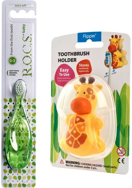 0-3 Yaş Bebek Diş Fırçası ve Zürafa Figürlü Flipper Saklama Kabı Seti – Yumuşak Silikon Kıllı, Hassas Diş Etleri İçin
