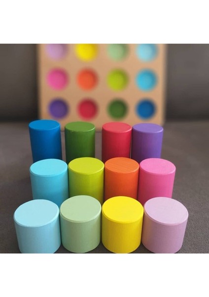 Montessori Ahşap Eşleştirme Silindirleri ve Eğitici Kart Seti 12 Parça – İnce Motor, Renk ve Boyut Algısını Geliştirir