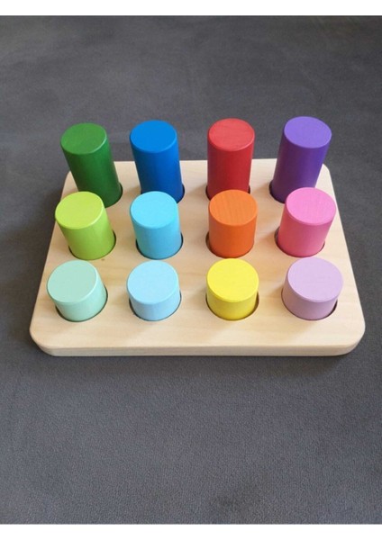 Montessori Ahşap Eşleştirme Silindirleri ve Eğitici Kart Seti 12 Parça – İnce Motor, Renk ve Boyut Algısını Geliştirir