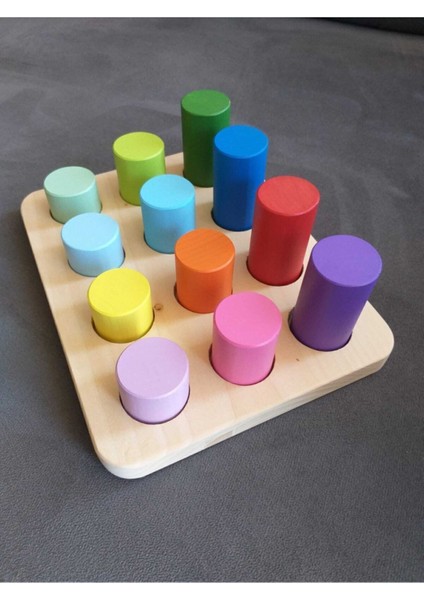 Montessori Ahşap Eşleştirme Silindirleri ve Eğitici Kart Seti 12 Parça – İnce Motor, Renk ve Boyut Algısını Geliştirir