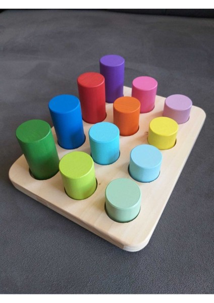 Montessori Ahşap Eşleştirme Silindirleri ve Eğitici Kart Seti 12 Parça – İnce Motor, Renk ve Boyut Algısını Geliştirir