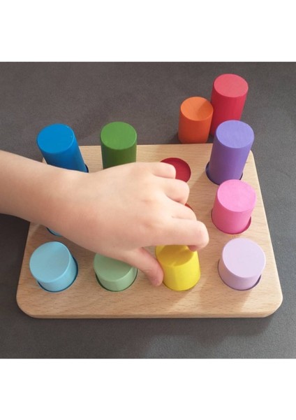 Montessori Ahşap Eşleştirme Silindirleri ve Eğitici Kart Seti 12 Parça – İnce Motor, Renk ve Boyut Algısını Geliştirir