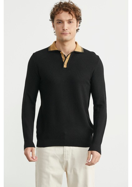 Polo Yaka Yünlü Triko Kazak - Siyah