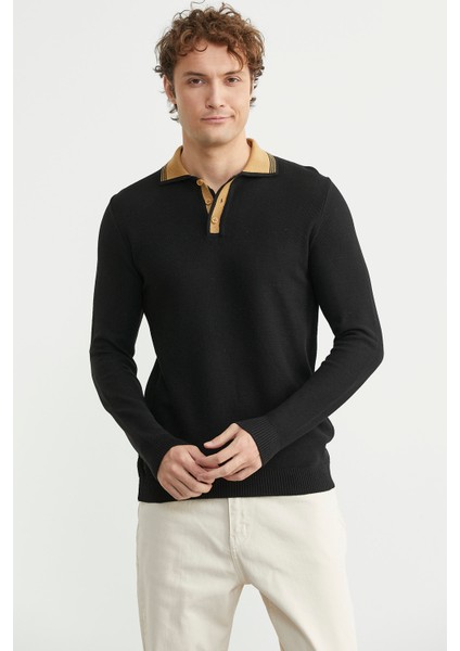 Polo Yaka Yünlü Triko Kazak - Siyah fiyatları