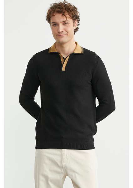 Polo Yaka Yünlü Triko Kazak - Siyah modelleri
