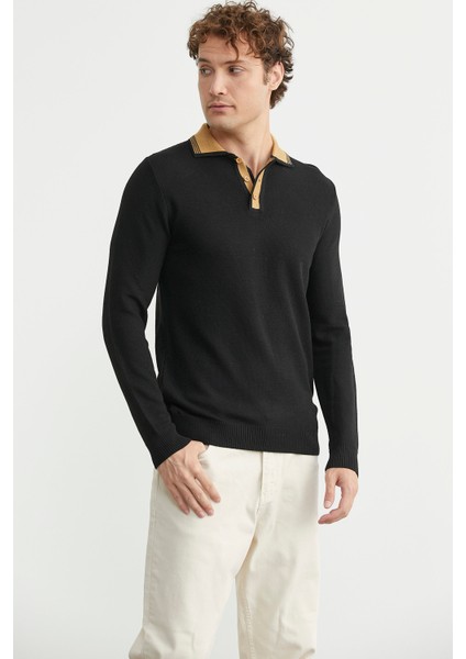 Polo Yaka Yünlü Triko Kazak - Siyah fırsatları