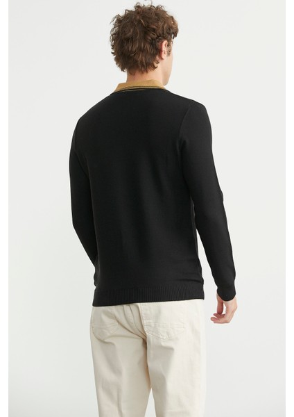 Polo Yaka Yünlü Triko Kazak - Siyah indirimleri