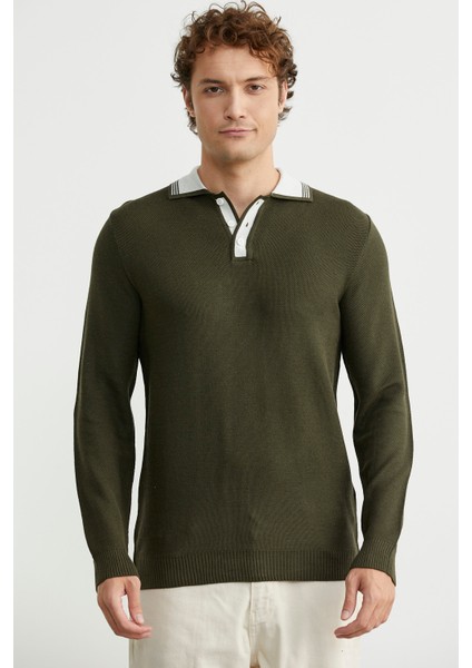 Polo Yaka Yünlü Triko Kazak - Haki