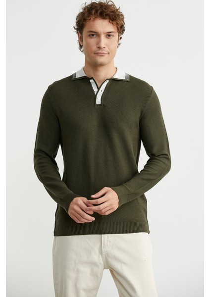 Polo Yaka Yünlü Triko Kazak - Haki fiyatları