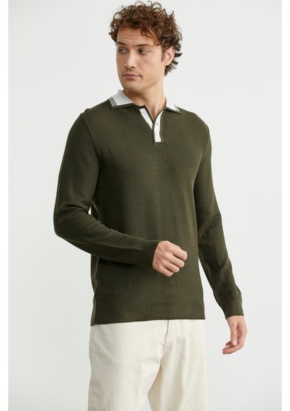 Polo Yaka Yünlü Triko Kazak - Haki modelleri