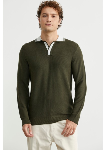 Polo Yaka Yünlü Triko Kazak - Haki fırsatları