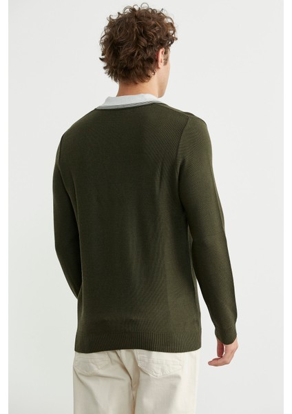 Polo Yaka Yünlü Triko Kazak - Haki indirimleri