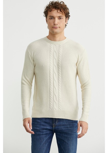 Motif Detaylı Bisiklet Yaka Triko Kazak - Taş