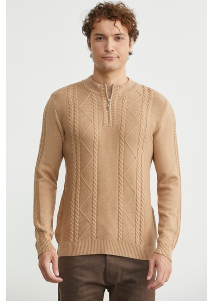 Yarım Fermuarlı Dik Yaka Triko Kazak - Bej