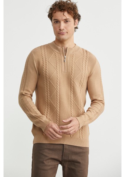 Yarım Fermuarlı Dik Yaka Triko Kazak - Bej fiyatları