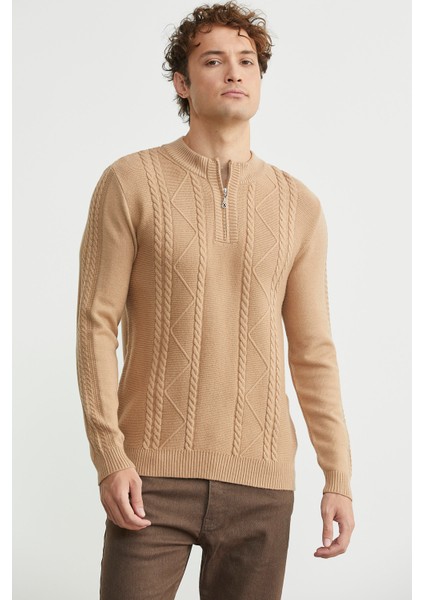 Yarım Fermuarlı Dik Yaka Triko Kazak - Bej modelleri