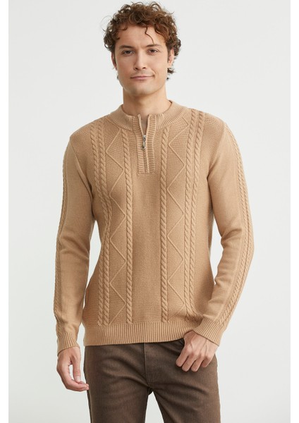 Yarım Fermuarlı Dik Yaka Triko Kazak - Bej fırsatları