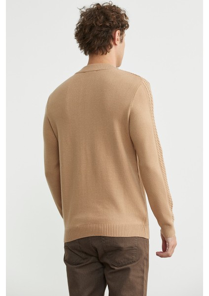 Yarım Fermuarlı Dik Yaka Triko Kazak - Bej indirimleri