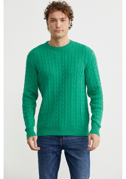 Pamuklu Saç Örgü Detaylı Triko Kazak - Yeşil