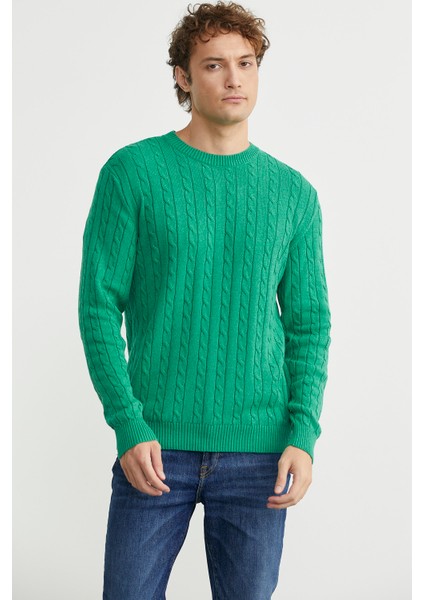 Pamuklu Saç Örgü Detaylı Triko Kazak - Yeşil fiyatları