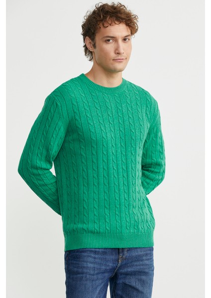 Pamuklu Saç Örgü Detaylı Triko Kazak - Yeşil fırsatları