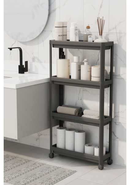 Mithra Life 4 Katlı Tekerlekli Slim Ince Siyah Banyo Mutfak Rafı MIT1201