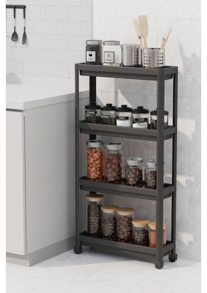 Mithra Life 4 Katlı Tekerlekli Slim Ince Siyah Banyo Mutfak Rafı MIT1201 modelleri