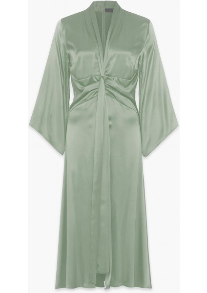 Nil Yeşili V Yaka Bel ve Kol Detaylı Midi Boy Elbise