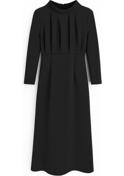 Siyah Yakada Drape Detaylı Belden Oturtmalı Tam Kalıp Uzun Kollu Elbise