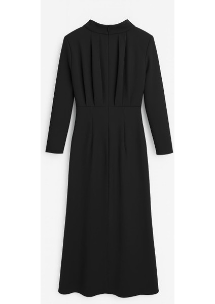 Siyah Yakada Drape Detaylı Belden Oturtmalı Tam Kalıp Uzun Kollu Elbise fiyatları