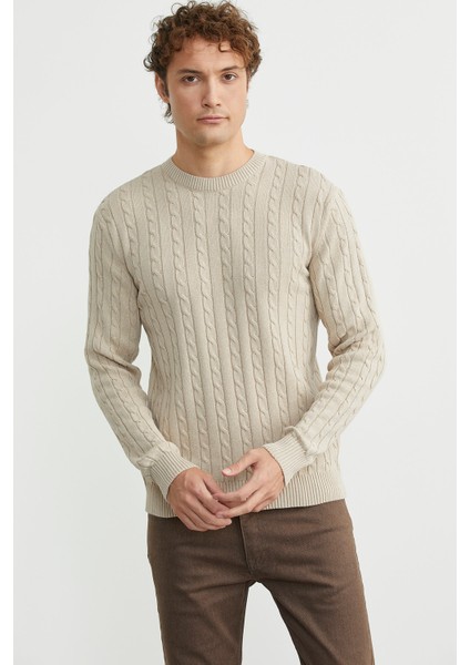 Pamuklu Saç Örgü Detaylı Triko Kazak - Açık Bej