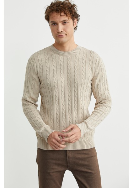 Pamuklu Saç Örgü Detaylı Triko Kazak - Açık Bej modelleri