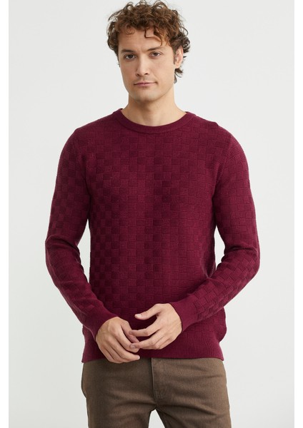 Motifli Sıfır Yaka Triko Kazak - Bordo fiyatları